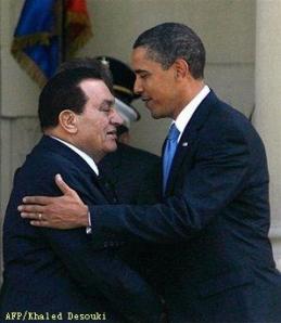 Egyptian President Hosni Mubarak greets his US counterpart Barack Obama at the presidential palace in Cairo.